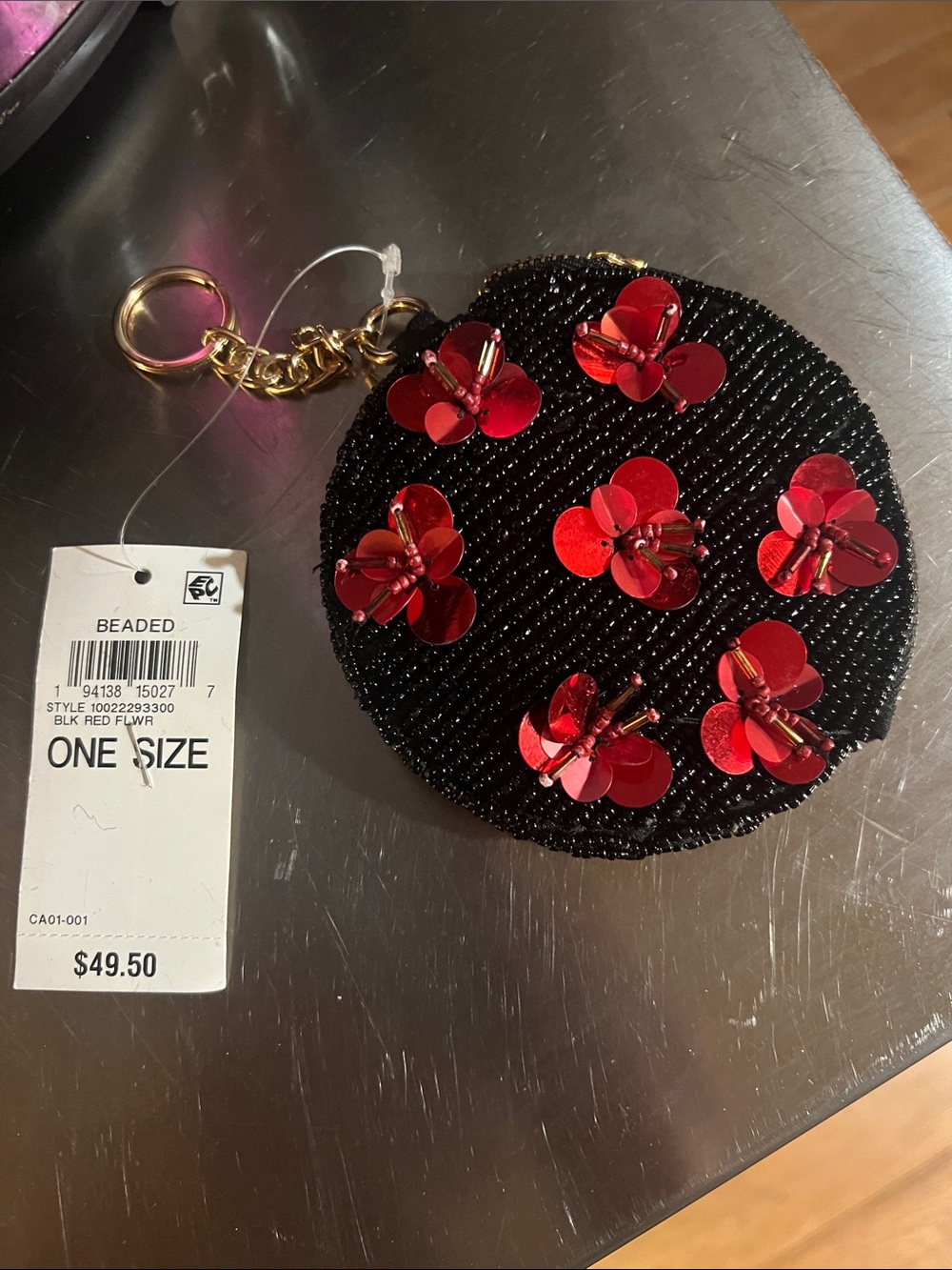 On 34th Macy’s Beaded Black Coin Purse Keychain with Red Sequin Flowers
